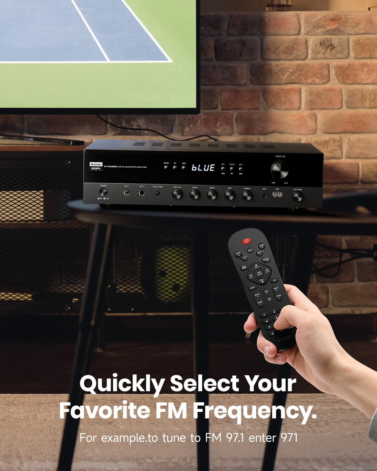 Donner Stereo Receivers, 5.1 Channel Audio Amplifier with Bluetooth 5.3, Optical/Coaxial, USB, FM, 2 Mic-in, Echo, RCA, AC-3 Input for Home, Karaoke, Theater Speakers, 60W/4R & 25W×3 RMS, MAMP4