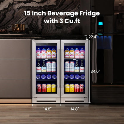 Yeego 15 inch Built-In Beverage Refrigerator (2 Pack) – Compact Drink Cooler with Glass Door, Auto Defrost Mini Wine & Beer Fridge for Cans and Bottles, Under Counter & Freestanding