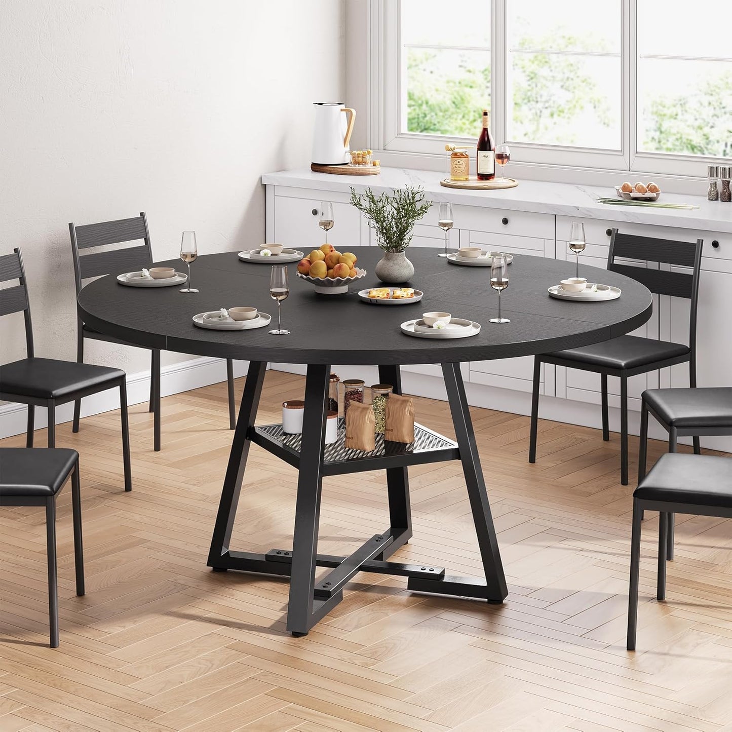 Jocoevol 51'' Round Dining Table,Kitchen Dining Room Circle Dinner Pedestal Table,Space Saving Wood Kitchen & Dining Room Furniture (Black, 51In)