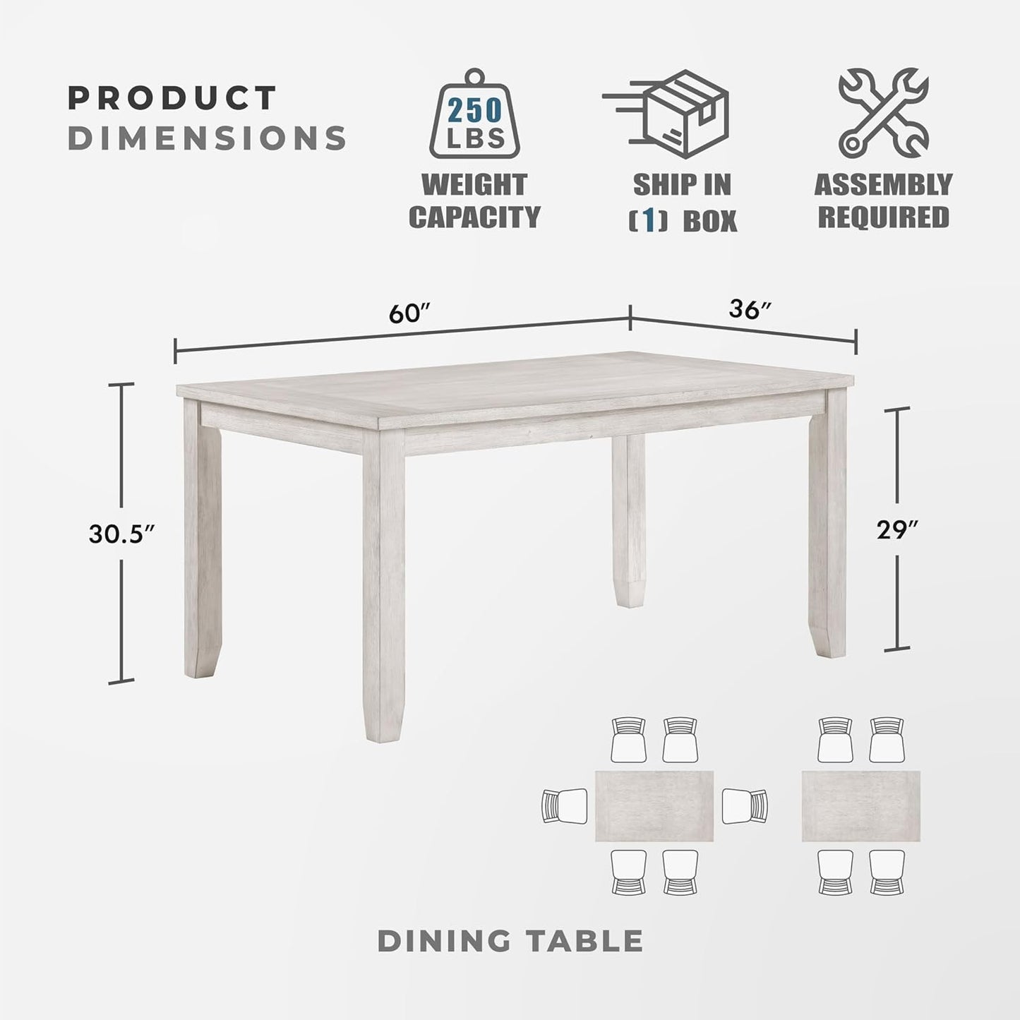 Lexicon 60" Farmhouse Dining Table for 4-6 People, Solid Wood Frame Acacia Veneer Rectangular Kitchen Table, for Kitchen, Dining Room, Living Room, Assembly Required, Brushed Antique White Finish