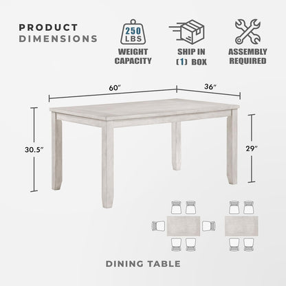 Lexicon 60" Farmhouse Dining Table for 4-6 People, Solid Wood Frame Acacia Veneer Rectangular Kitchen Table, for Kitchen, Dining Room, Living Room, Assembly Required, Brushed Antique White Finish