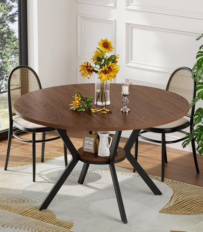 42" Round Dining Table for 4, Farmhouse Kitchen Table with Storage, Space Saving Circle Dinner Table, Rustic Wood Kitchen & Dining Room Tables with Metal Legs for Kitchen, Living Room, Dining Room