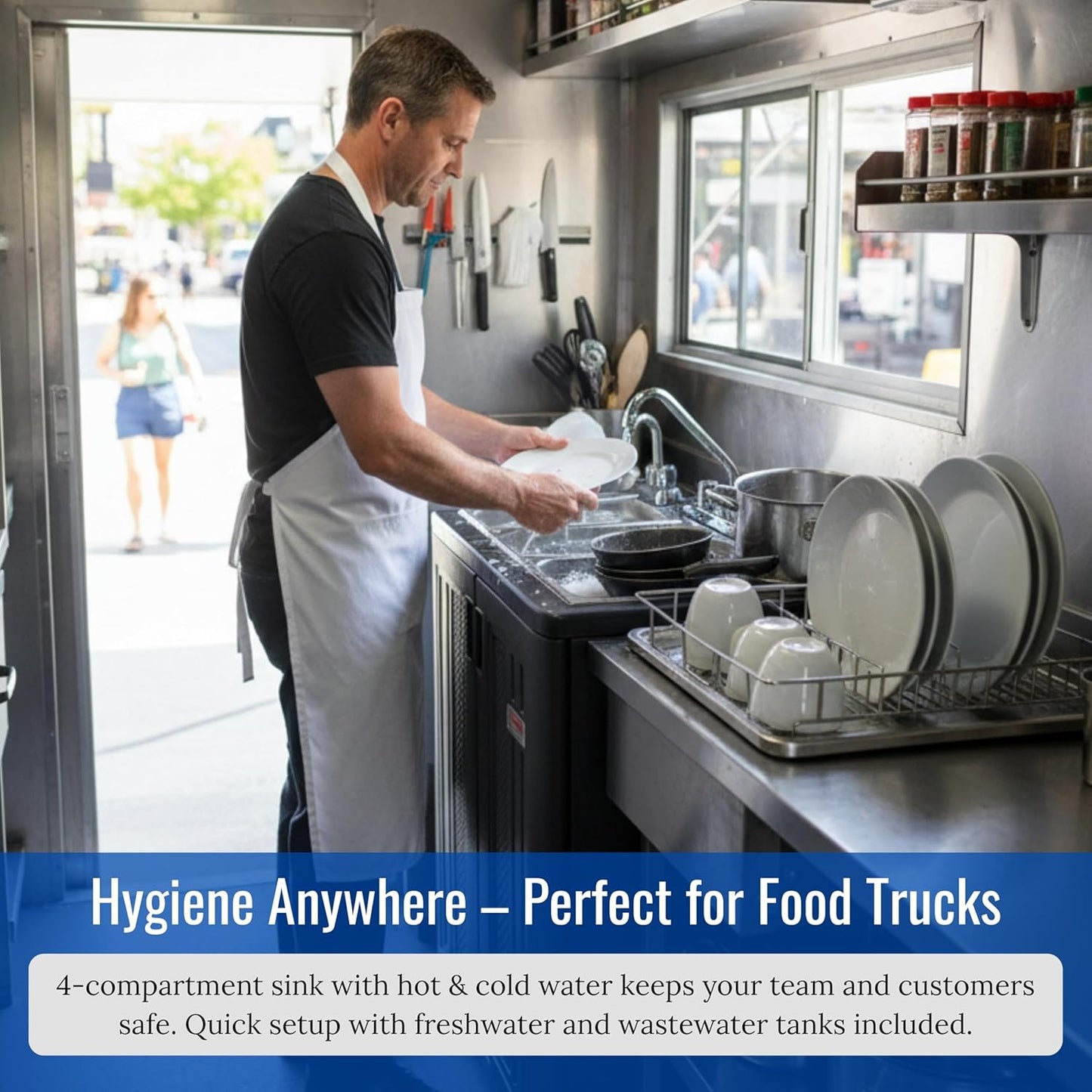 Concession Sinks - Portable Sink Hand Wash Station, 4 Compartment Basin with Hot Water, Standard Size, Food Trailer Equipment, Free Standing Utility Sink, Hand Washing Station