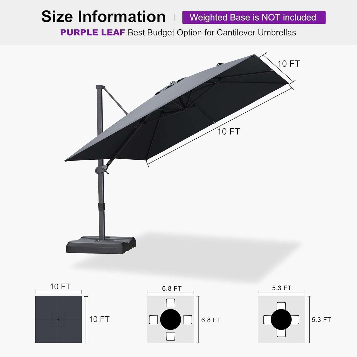 PURPLE LEAF 10' × 10' Patio Cantilever Umbrella Outdoor Square Adjustable Offset Umbrellas with 360-degree Rotation and 8 Heavy Duty Metal Ribs for Garden Deck Pool Gray