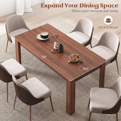 Giantex Dining Table for 4-6, 63" L Large Farmhouse Kitchen Table, Wooden Rectangular Dinner Table for Living Dining Room, Home Office, Dinette, 330LBS Capacity, Walnut