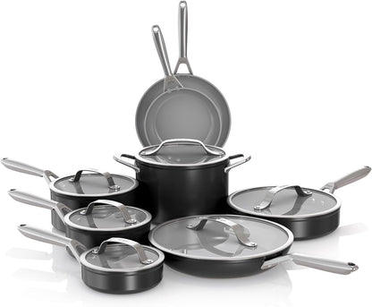 Ninja Ceramic Pro 14-Piece Cookware Set, Non-Stick Pots & Pans Set with Glass Lids, Nontoxic, PTFE Free, Ceramic Coated, Oven Safe, All Stovetops & Induction Compatible, Black, CW39014BK