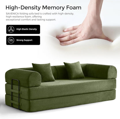 79" Convertible Sofa Bed with Fixed-Shape Frame & Removable Armrests, Modular Corduroy Sleeper Sofa, Folding Mattress Couch for Small Spaces - No Assembly Needed in Green (Includes 2 Pillows)