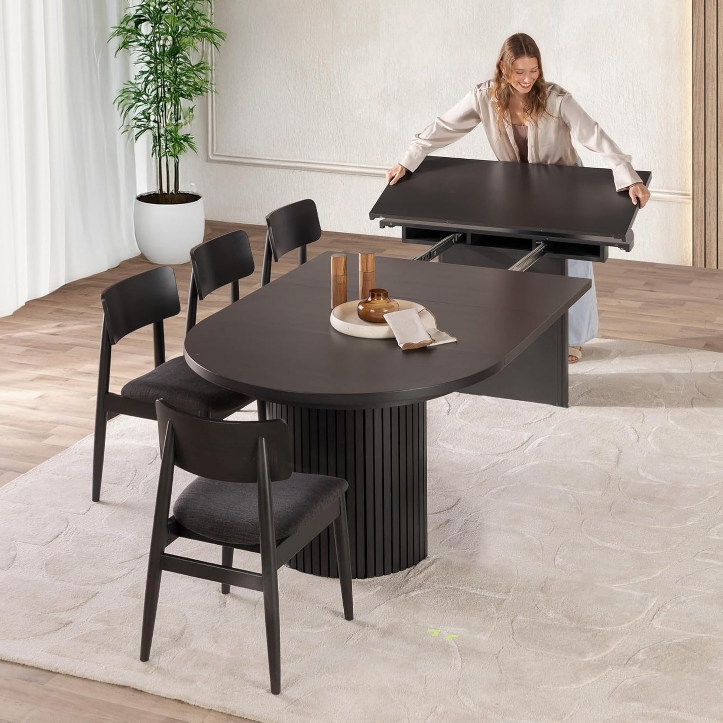 Transformer Table - Solid Wood Extendable Round Dining Table Set with 6 Chairs, Seats 2-10, Extendable Round Dining Set, Space-Saving Modern Furniture, Black (Table + 6 Chairs)