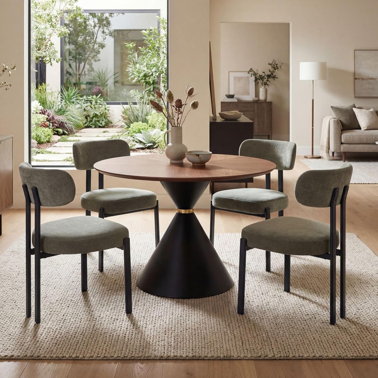 LukeAlon Chenille Dining Chairs Set of 6, Modern Upholstered Armless Kitchen Chairs with Black Metal Legs Curved Back Dining Room Chairs Reception Chair for Living Room Office, Green