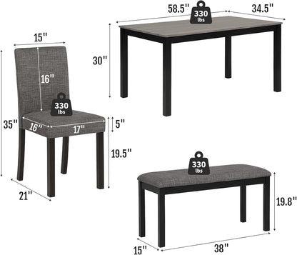 Zevemomo 6-Piece Solid Wood Dining Table Set, Including 1 Dining Table, 4 Upholstered Chairs and 1 Bench, Wooden Legs Dining Table Set for Dining Room, Kitchen, Restaurant, Dark Grey