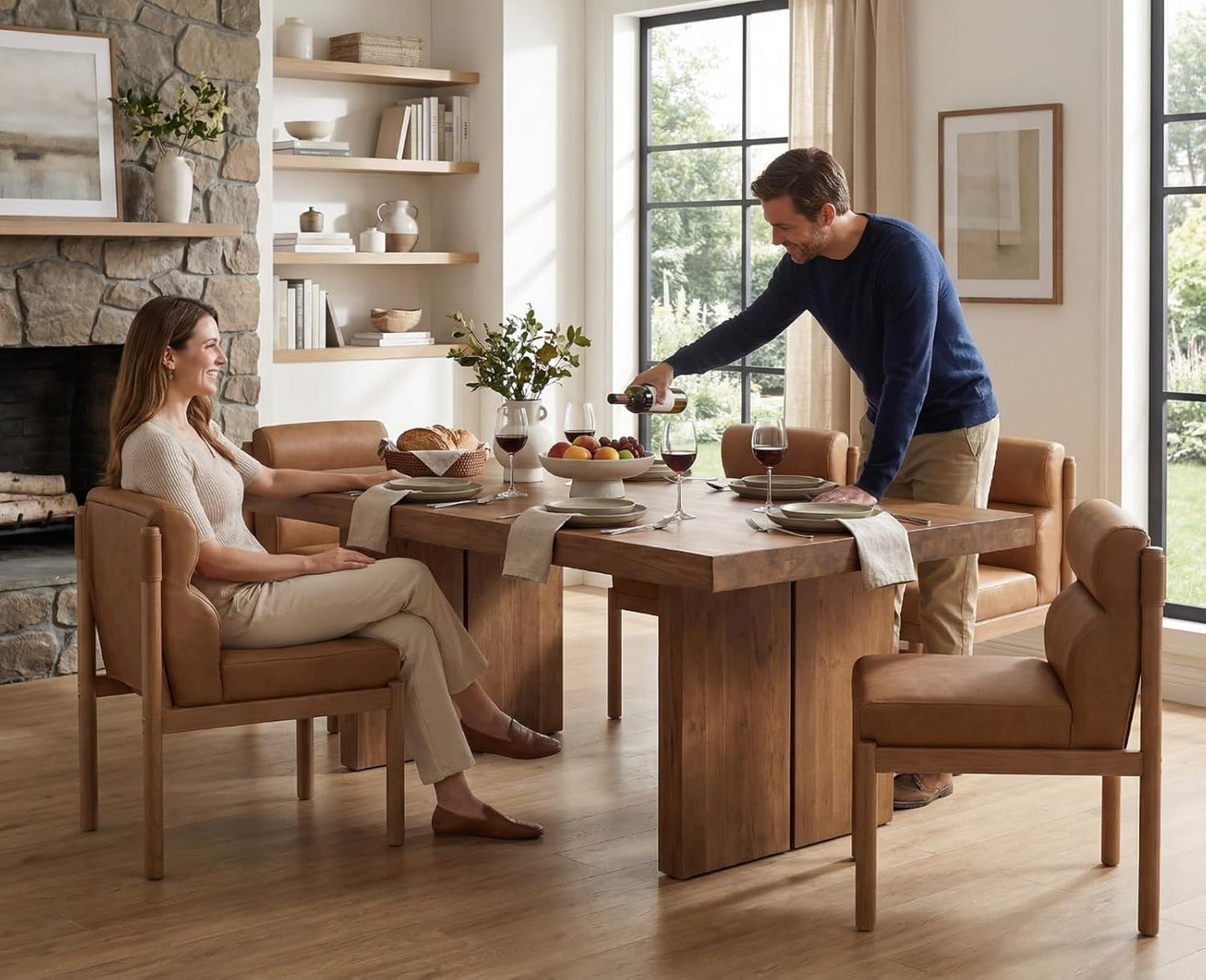 CIMOTA Modern Upholstered Dining Chairs Set of 6, Faux Leather Kitchen & Dining Room Chairs Boucle Armless Side Chairs with Curved Backrest/Solid Wood Legs, PU Brown