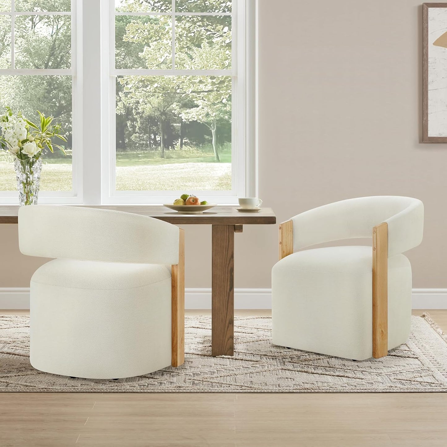 KISLOT Upholstered Dining Chairs with Casters, Modern Barrel Side Armchair with Rollers & Wooden Armrest for Dining Room, Bedroom, Kitchen, Reading Room, Beige, Set of 4