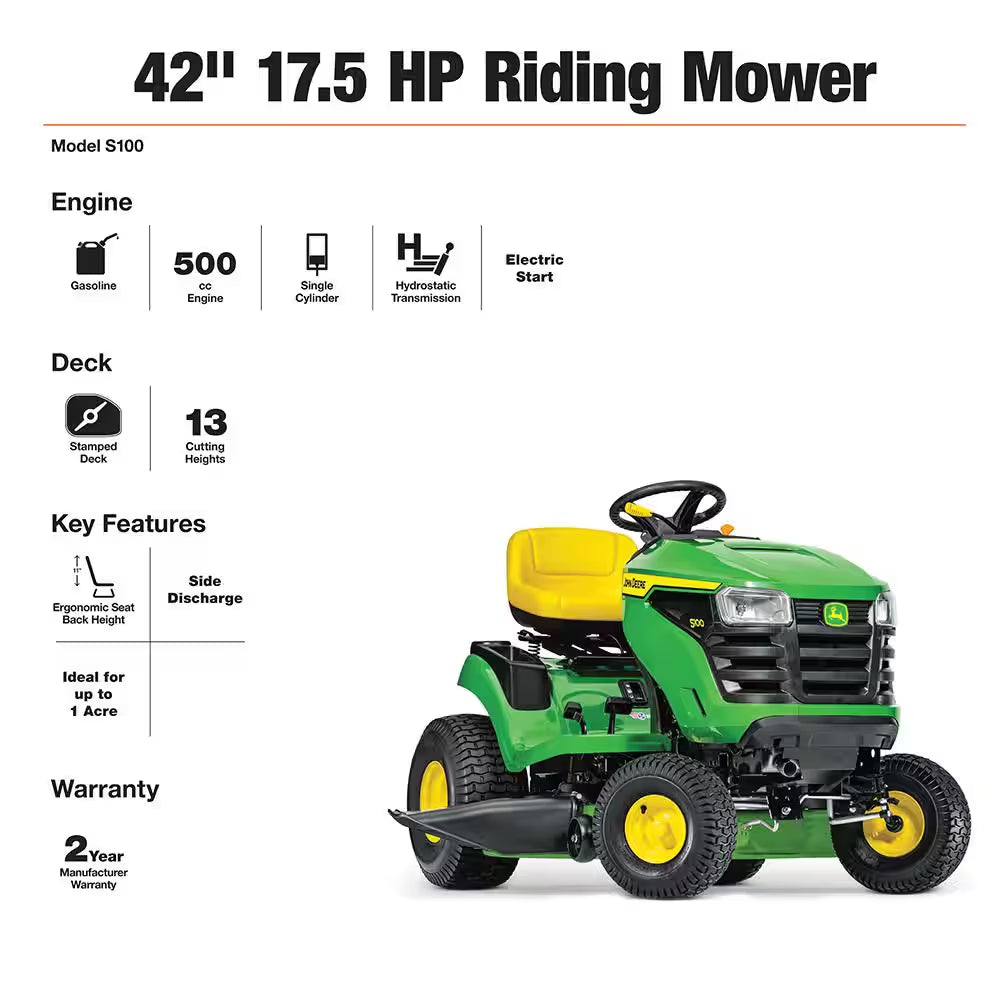 John Deere S100 42 in Riding Lawn Mower – 17.5 HP Gas Hydrostatic Drive