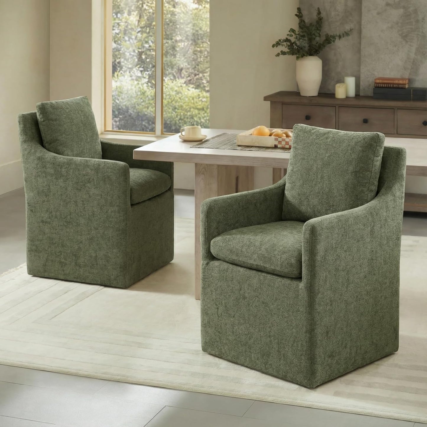 KISLOT Upholstered Dining Chairs with Casters, No Assembly Modern Accent Armchair with Rollers for Dining Room, Bedroom, Living Room, Reading Room, Already Assembled, Green, 2 Box