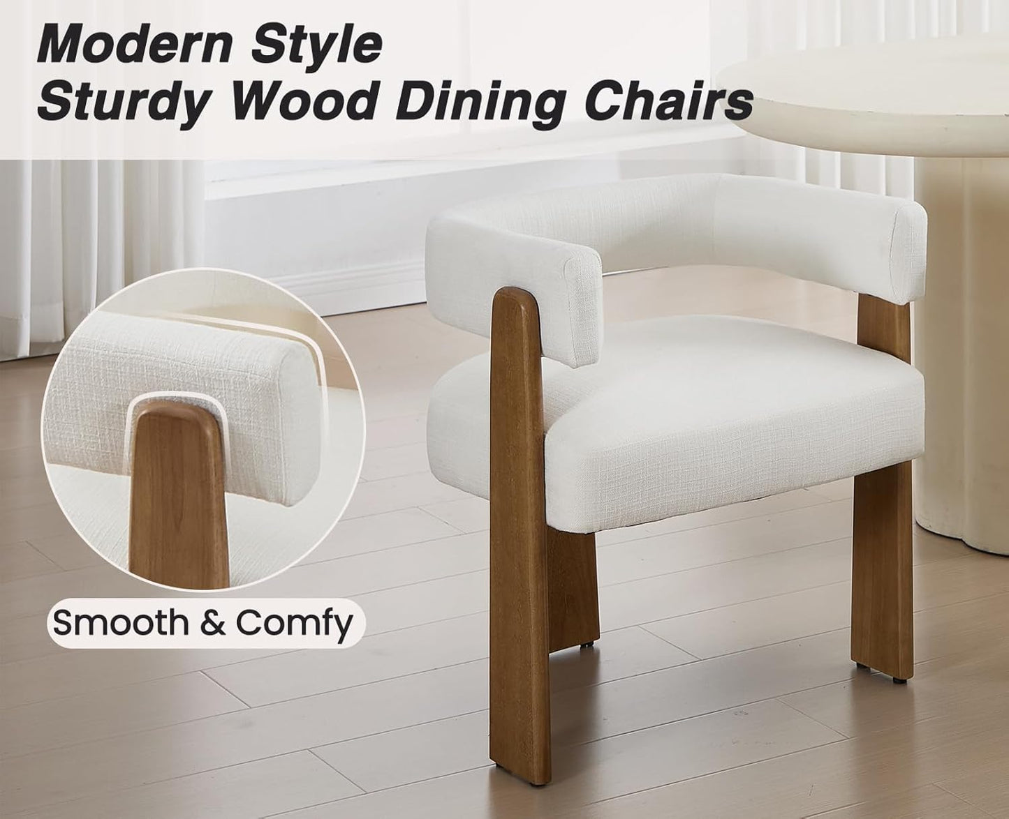 Shunzhi White Barrel Dining Chairs Set of 4 Modern Upholstered Dining Room Chairs with Arms/Open Back Farmhouse Wooden Linen Kitchen Chairs Comfy Accent Side Armchairs for Living Room