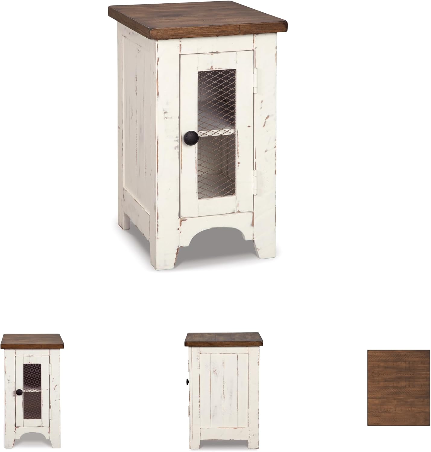 Signature Design by Ashley Wystfield Farmhouse Chair Side End Table with Cabinet Door for Storage, White & Brown with Distressed Finish