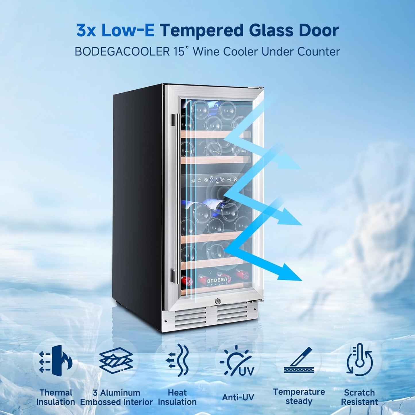 BODEGA COOLER 15 Inch Wine Fridge - 30 Bottles Dual Zone Wine Cooler, 41°F -72°F Wine Beverage Cooler Built-in or Freestanding, Adjustable Shelves & Bule LED Light, Perfect for Home/Kitchen(3.2 cu.ft)
