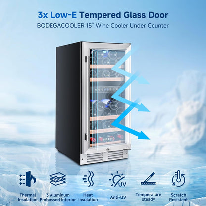 BODEGA COOLER 15 Inch Wine Fridge - 30 Bottles Dual Zone Wine Cooler, 41°F -72°F Wine Beverage Cooler Built-in or Freestanding, Adjustable Shelves & Bule LED Light, Perfect for Home/Kitchen(3.2 cu.ft)