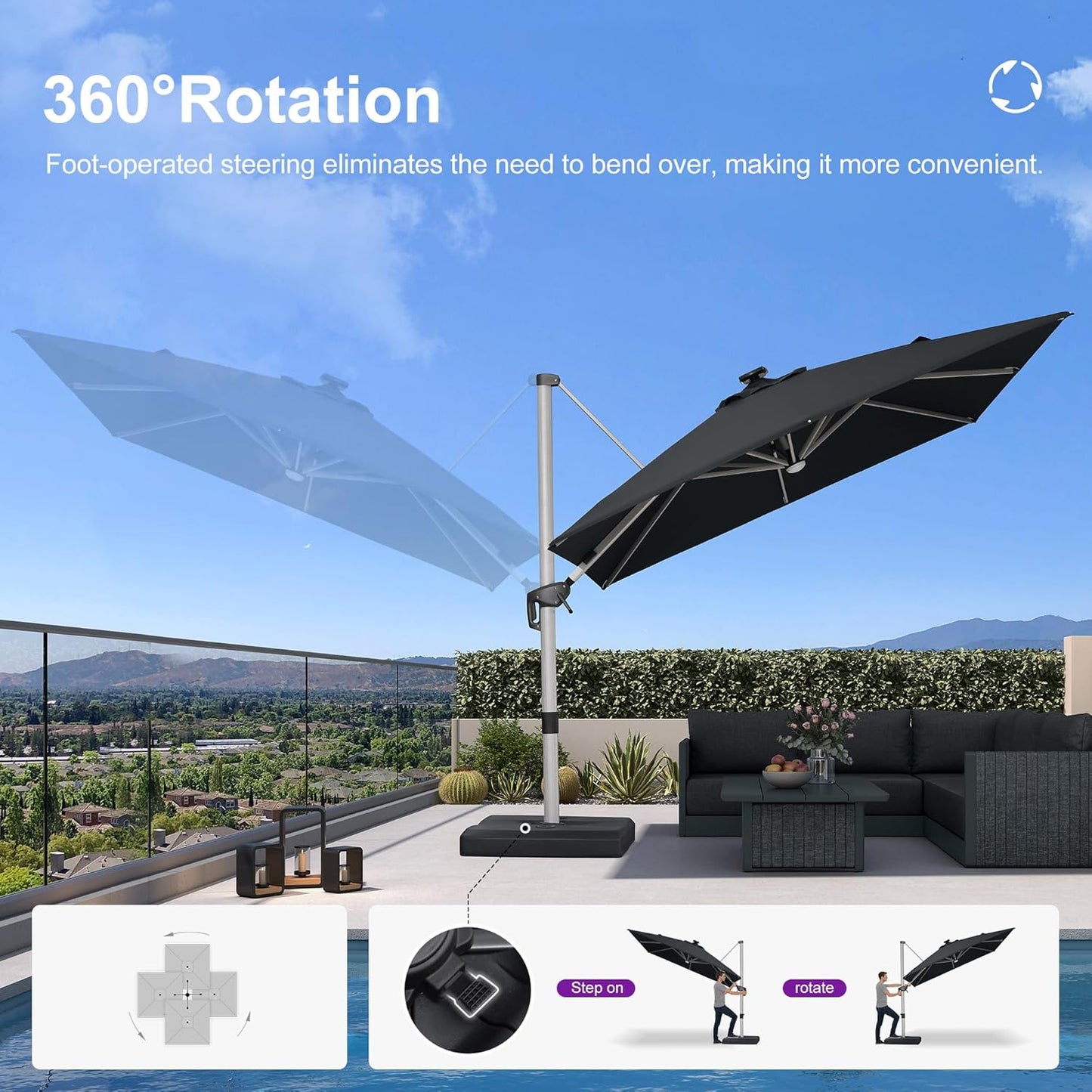 PURPLE LEAF 9' X 12' Patio Umbrella with Lights Outdoor Rectangle Cantilever Umbrella Solar Powered LED with 360-degree Rotation for Garden Deck Pool Patio, Black