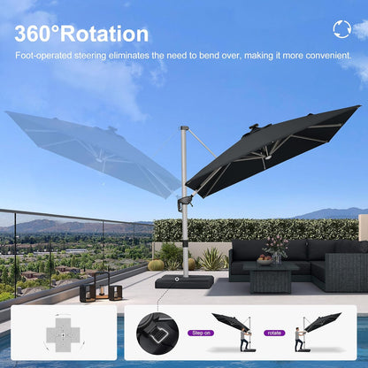 PURPLE LEAF 9' X 12' Patio Umbrella with Lights Outdoor Rectangle Cantilever Umbrella Solar Powered LED with 360-degree Rotation for Garden Deck Pool Patio, Black