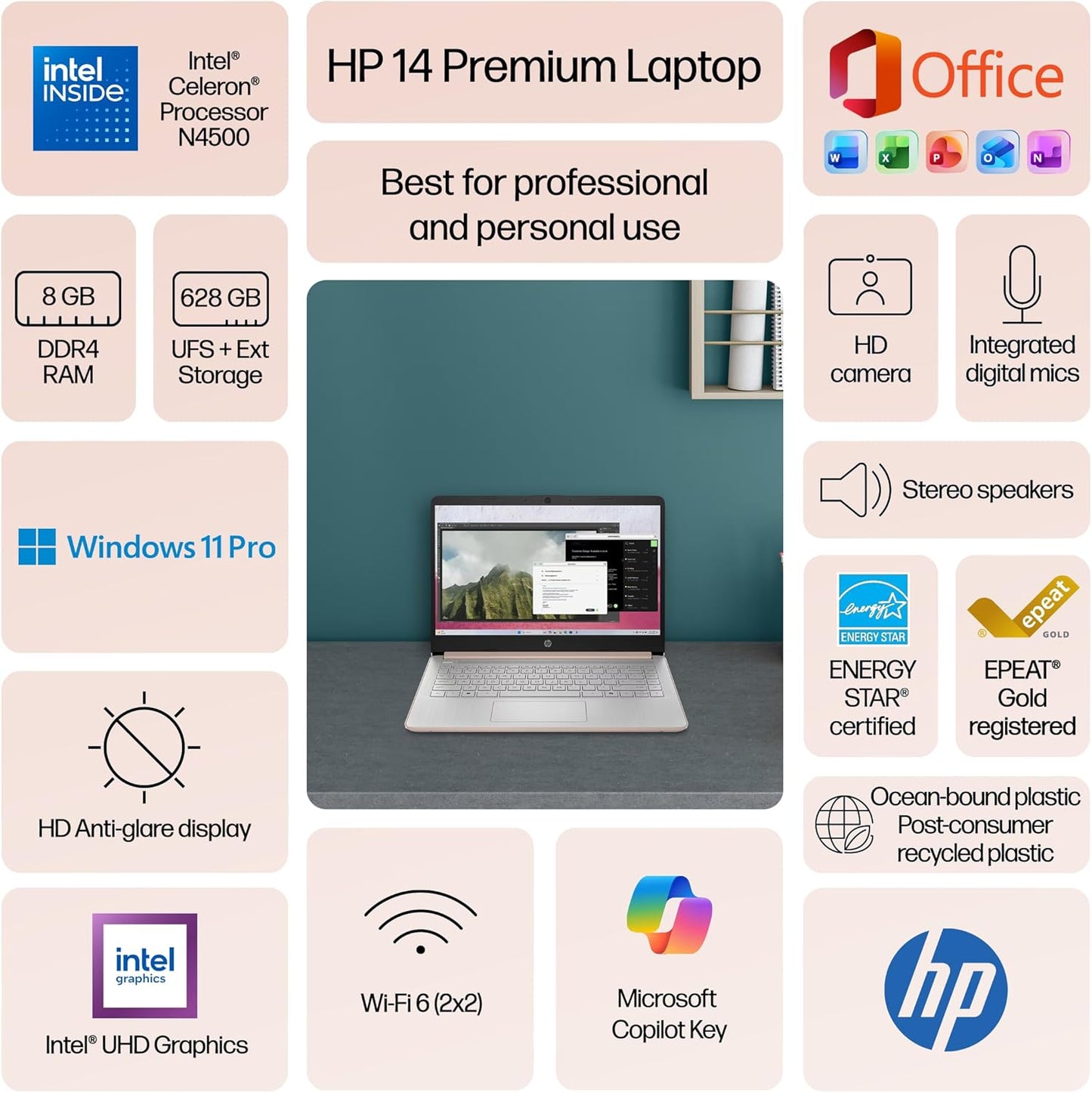 HP Flagship 14" Laptop Computer for 2026 Student Business, Win 11 Pro, Copilot AI, Intel CPU Up to 2.8GHz, 8GB RAM, 628GB Storage (128GB SSD+500GB Ext), Wi-Fi 6, HubxcelAccessory, MS Office, Rose Gold