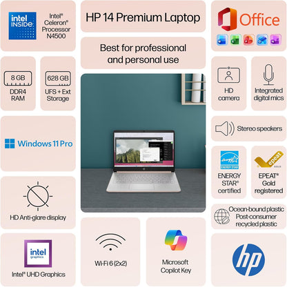 HP Flagship 14" Laptop Computer for 2026 Student Business, Win 11 Pro, Copilot AI, Intel CPU Up to 2.8GHz, 8GB RAM, 628GB Storage (128GB SSD+500GB Ext), Wi-Fi 6, HubxcelAccessory, MS Office, Rose Gold