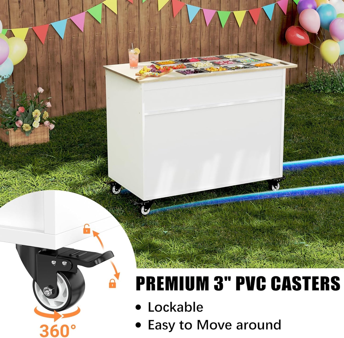 GDLF Charcuterie Cart with Stainless Steel Food Pans, Mobile Pizza Topping & Salad Bar Station, Buffet Serving Table for Home, Party & Catering