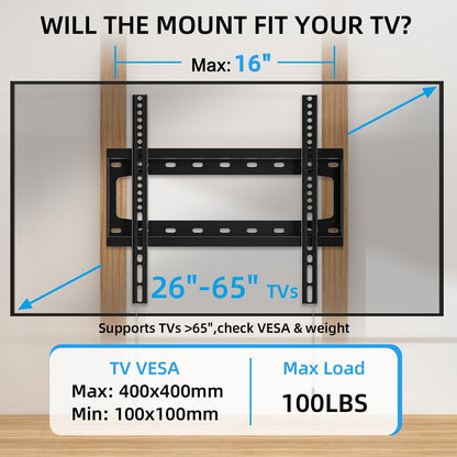 HOME VISION TV Wall Mount Fixed for Most 26-65 Inch Flat/Curved TVs with Max VESA 400X400mm up to 99Lbs Fits 16 Inch Wood Studs, Universal Low Profile Wall Mount TV Bracket, Space Saving HV8401