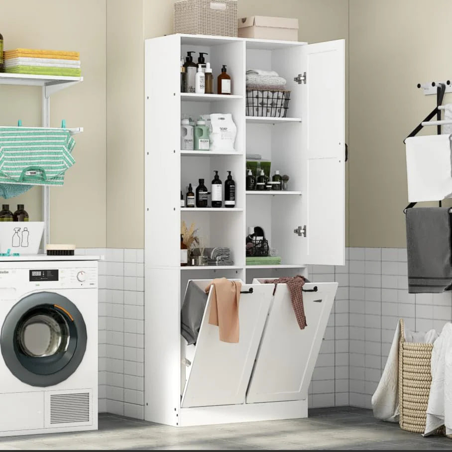 Storage cabinet with laundry basket, display cabinet