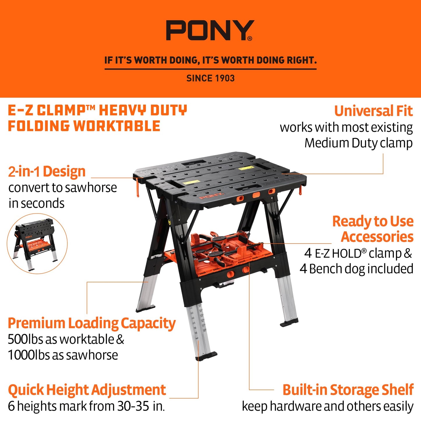 PONY Portable Folding Work Table - 2-in-1 Sawhorse & Workbench