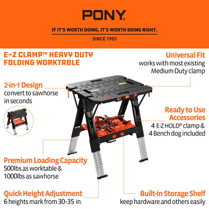 PONY Portable Folding Work Table - 2-in-1 Sawhorse & Workbench
