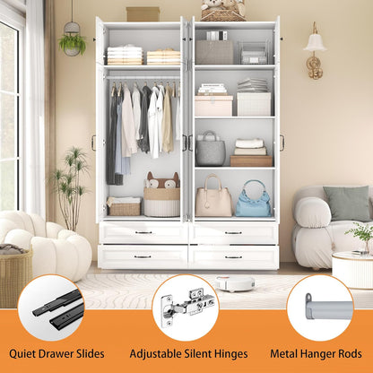 Armoire Wardrobe Closet with Drawers: 63" Large White Wood Wardrobe Closet with 4 Doors and 4 Drawers, Modern Clothes Storage Cabinet for Bedroom Armoire with Shelves (63")