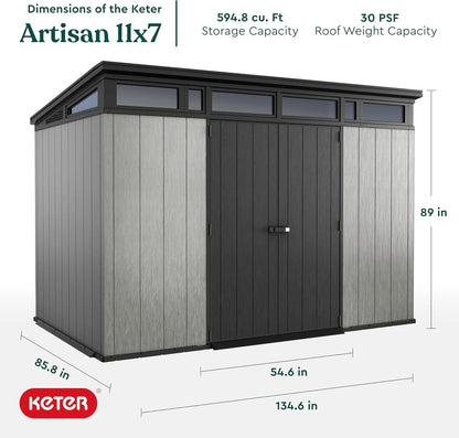 Keter Artisan 11x7 Modern Resin Outdoor Storage Shed Kit-Perfect to Store Patio Furniture, Garden Tools Bike Accessories, Beach Chairs and Lawn Mower, Grey & Black