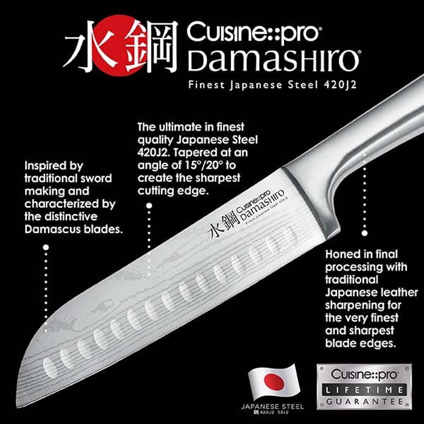 Cuisine::pro Damashiro Knife Block (Kumi, 7-Piece Chef Knife Set) - Japanese Steel Knife - Magnetic Knife Block- Damascus-Inspired Blade Kitchen Knives