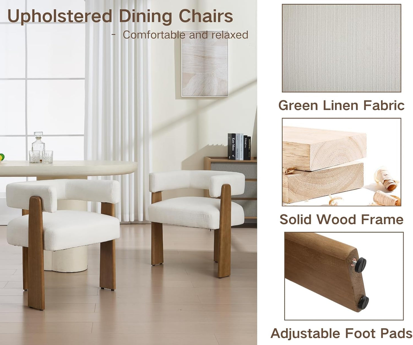 Shunzhi White Barrel Dining Chairs Set of 4 Modern Upholstered Dining Room Chairs with Arms/Open Back Farmhouse Wooden Linen Kitchen Chairs Comfy Accent Side Armchairs for Living Room