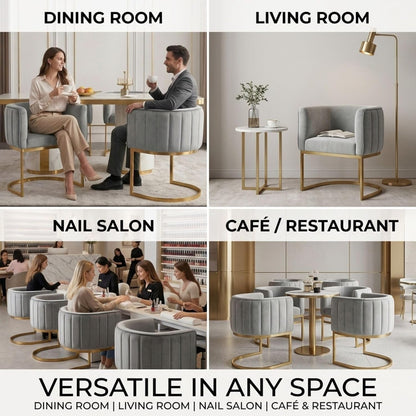 Hyfirm Gray and Gold Modern Barrel Dining Room Chairs Set of 4, Velvet Upholstered Accent Chairs with Curved Back for Kitchen Island, Luxury Comfort Seating Cantilever Metal Frame