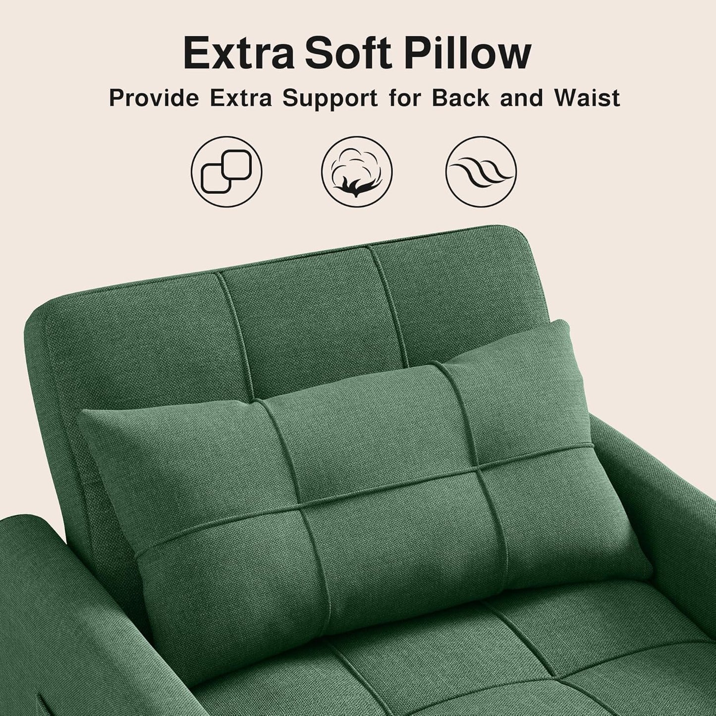 Ahomly Convertible Sleeper Chair Sofa Bed with 3-in-1 Design, Adjustable Backrest, and Storage Pocket for Living Room, Green