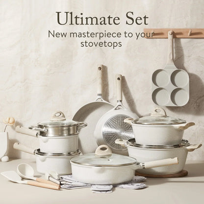 Non Stick Pots and Pans Set, 21 Pcs Induction Kitchen Cookware Sets (Beige Granite)