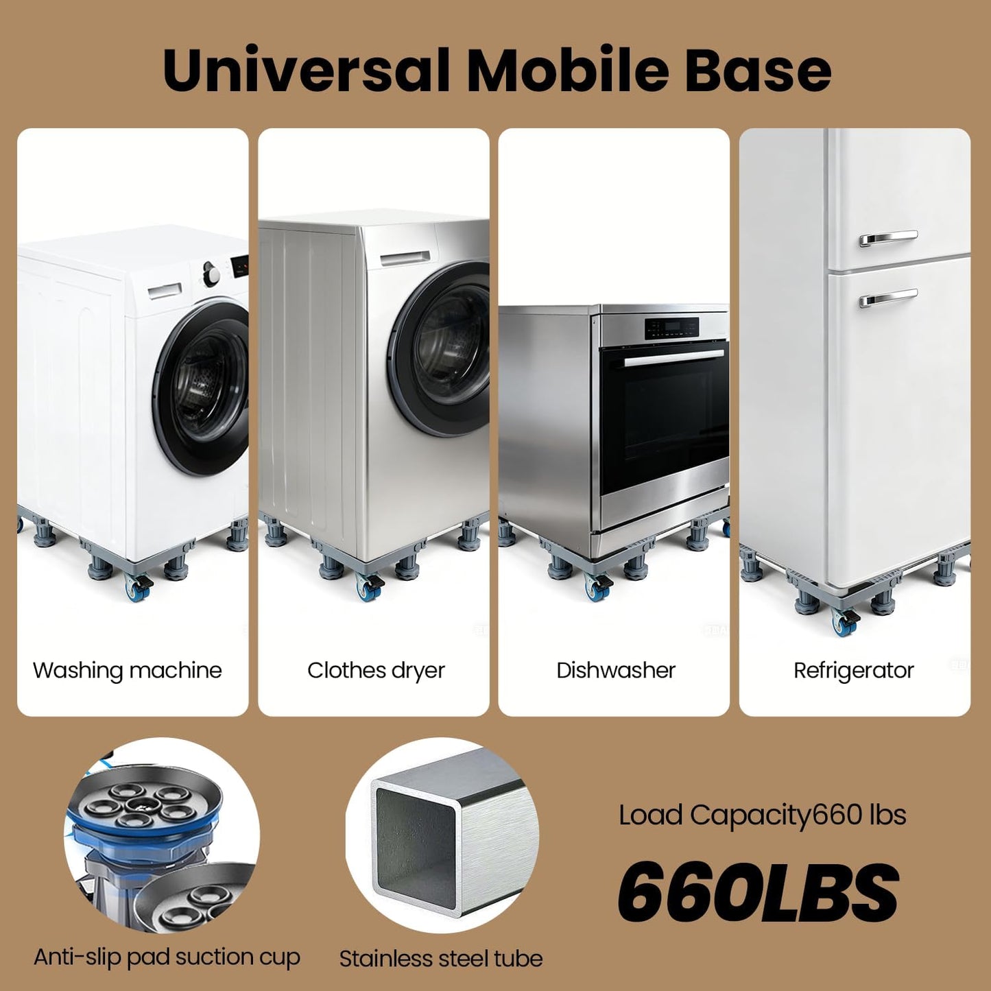Mini Fridge Stand Mobile Base With 4 Locking Wheels And 8 Strong Feet 17-24.1 Inch, Heavy Duty Furniture Dolly for Washer, Mini Refrigerator and Dryer, Adjustable Mini Fridge Stand Washing Machine Stand Pedestal