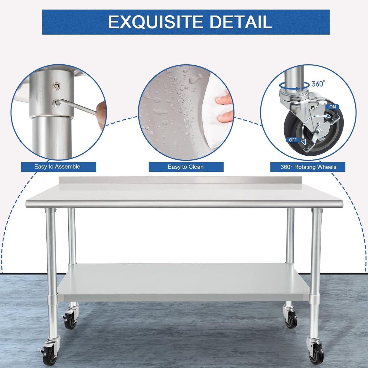 HARDURA Stainless Steel Table 24 x 60 Inches with Wheels Casters NSF Heavy Duty Commercial Prep Table with 2” Backsplash and Adjustable Undershelf for Restaurant Kitchen Home and Hotel