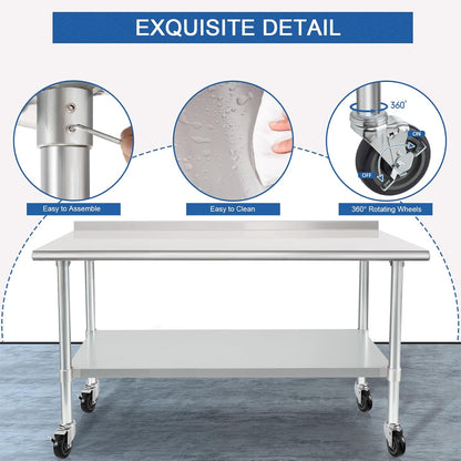 HARDURA Stainless Steel Table 24 x 60 Inches with Wheels Casters NSF Heavy Duty Commercial Prep Table with 2” Backsplash and Adjustable Undershelf for Restaurant Kitchen Home and Hotel