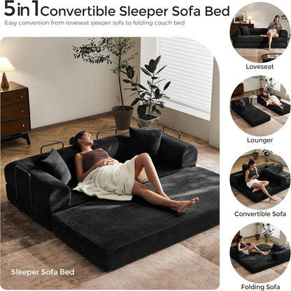 79" Convertible Sofa Bed with Fixed-Shape Frame & Removable Armrests, Modular Corduroy Sleeper Sofa, Folding Mattress Couch for Small Spaces - No Assembly Needed in Black (Includes 2 Pillows)