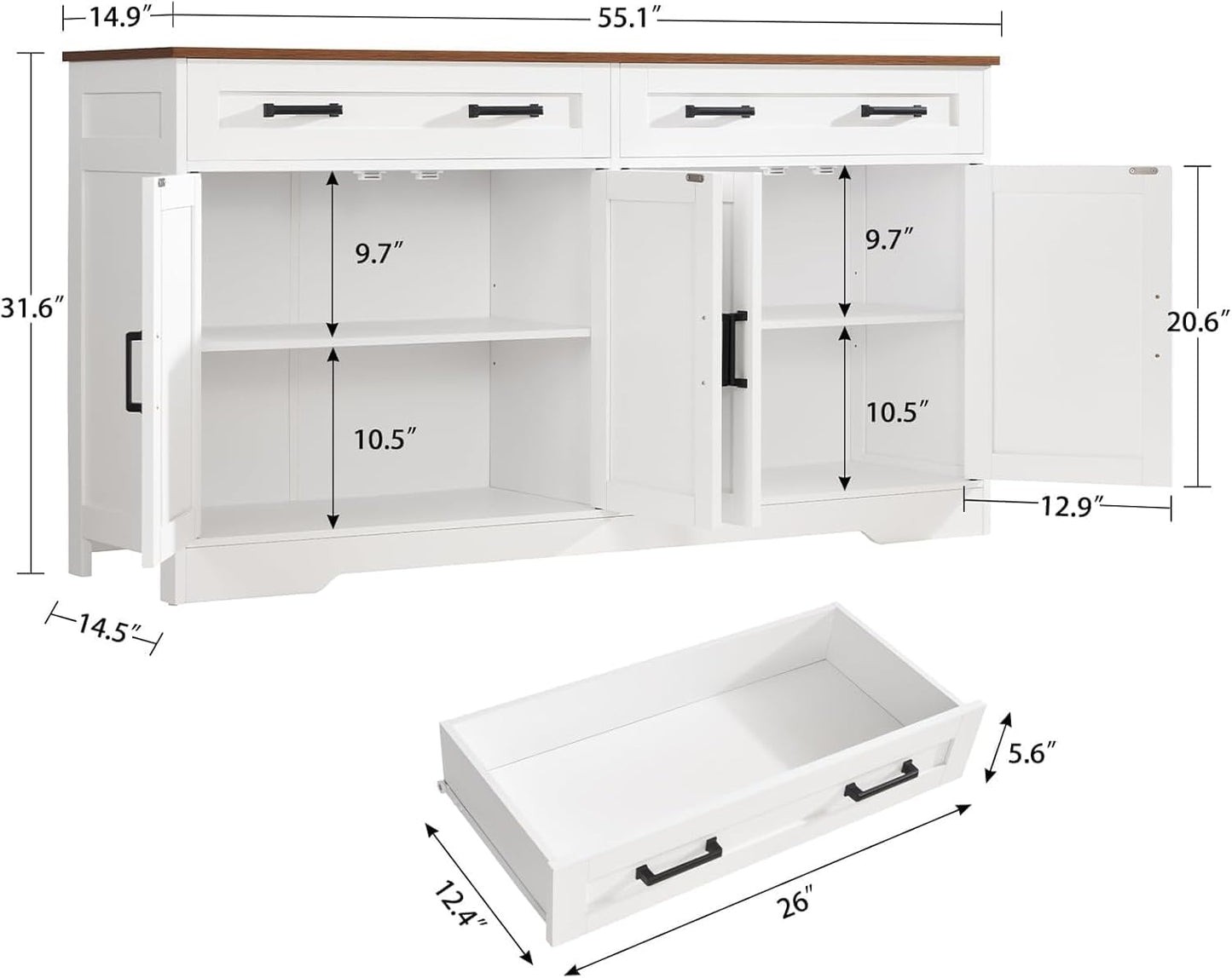 usikey Buffet Cabinet with Storage and Drawers, 55" Large Sideboard Buffet Cabinet with Adjustable Shelves and Doors, Modern Coffee Bar for Kitchen, Living Room, White