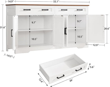 usikey Buffet Cabinet with Storage and Drawers, 55" Large Sideboard Buffet Cabinet with Adjustable Shelves and Doors, Modern Coffee Bar for Kitchen, Living Room, White