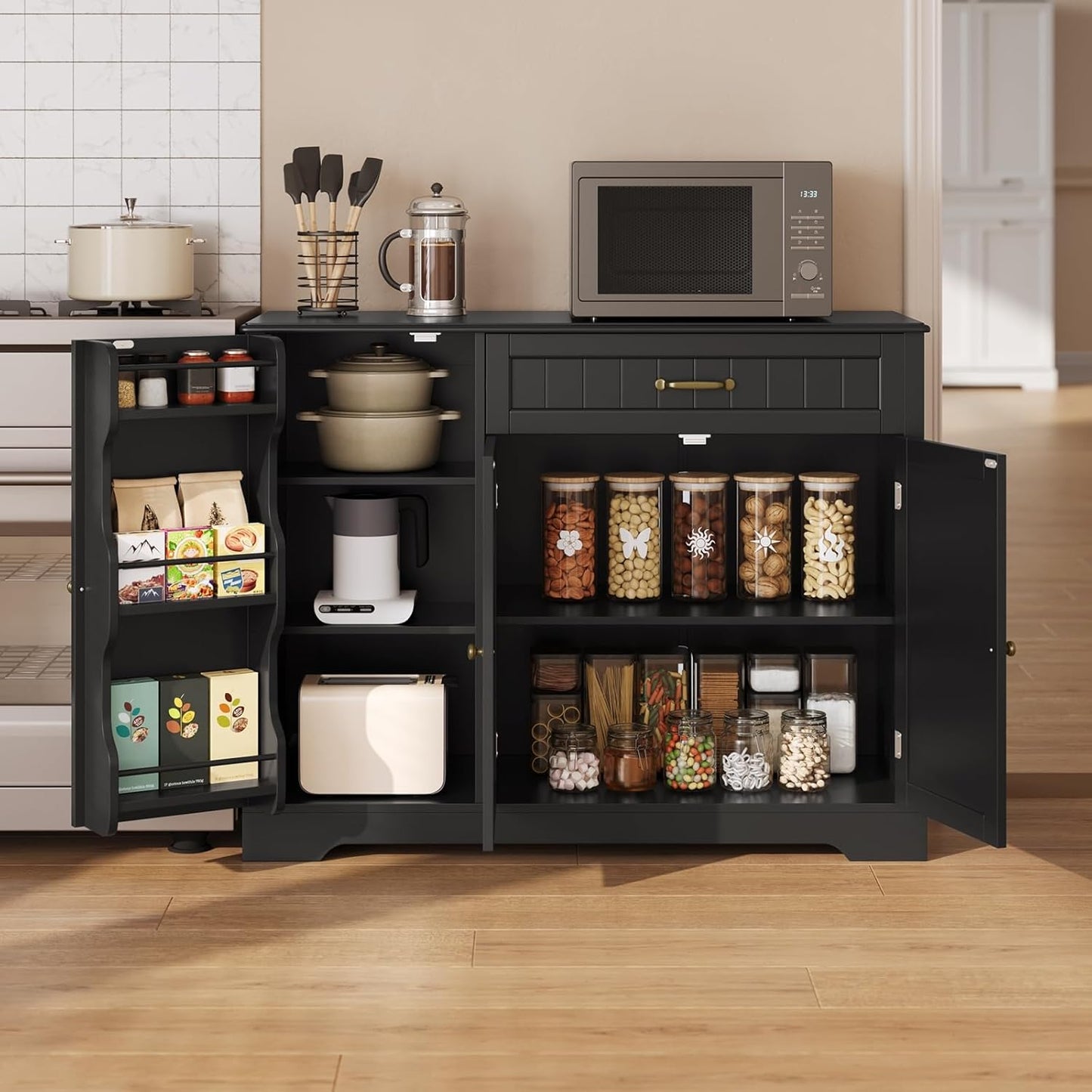 Gizoon Kitchen Sideboard Buffet Cabinet with Storage Small Coffee Bar Cabinet with Drawer, Kitchen Pantry Storage Cabinet with Door and Shelves for Bathroom and Living Room, Black