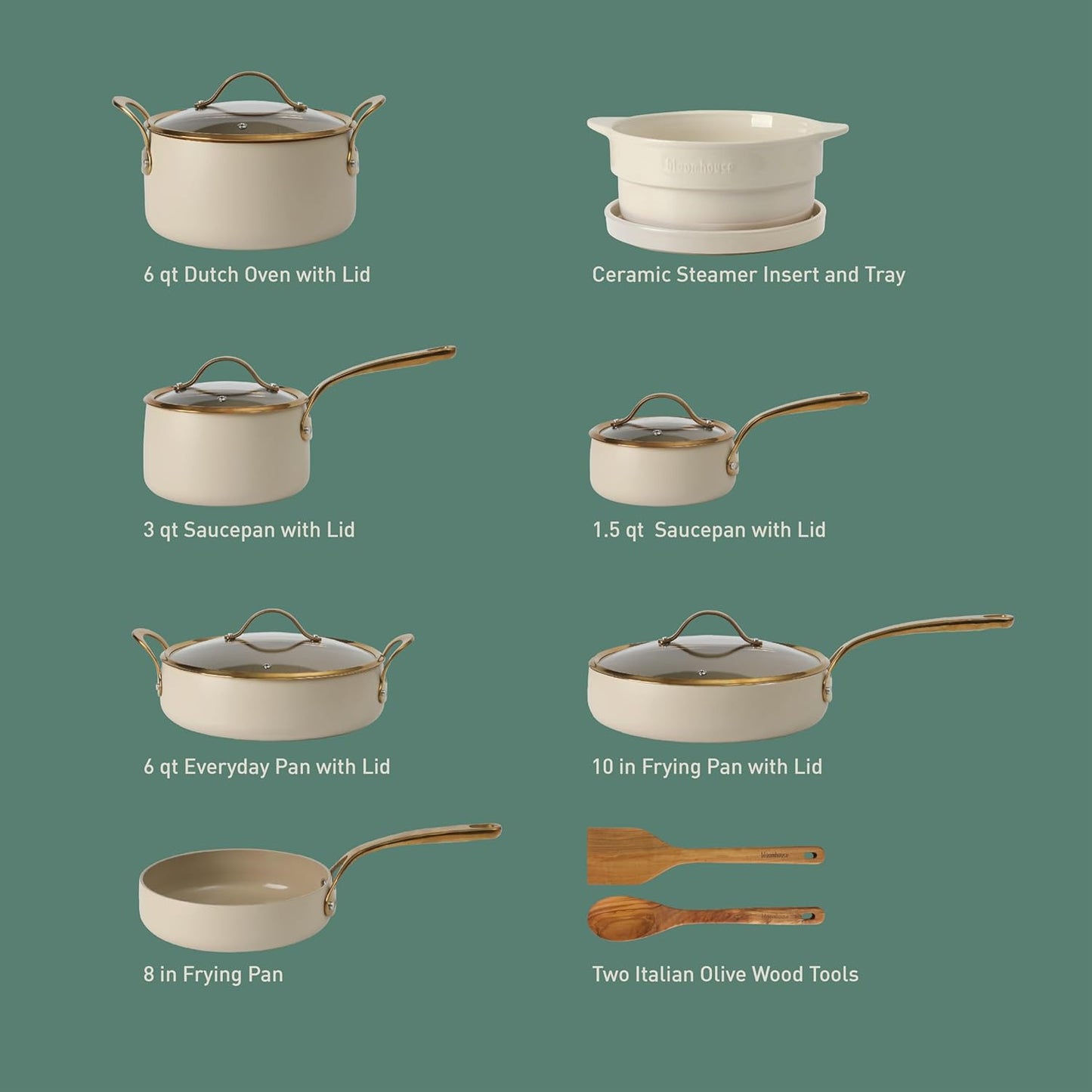 Bloomhouse - Two Time Oprah's Favorite Things Winner - 15 Piece Pots and Pans Heavy Duty Aluminum Premium PFA Free Ceramic Nonstick Cookware Set - Almond Cream w/Gold Handle