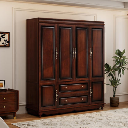 Solid Wood Armoire Wardrobe Closet with Cherry Finish, 61.42"W x 19.29"D x 70.87"H, Clothes Organizer with Shelves, Hanging Rods and 2 Drawers, American Style Freestanding Bedroom Storage