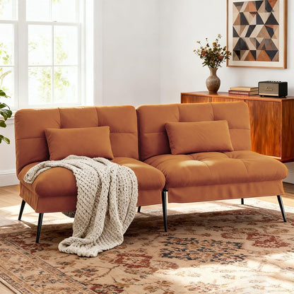COMHOMA Convertible Sofa Bed,68″Fabric Couch with Adjustable Backrest,Loveseat Recliner Sleeper Living Room Furniture futon Set,Orange
