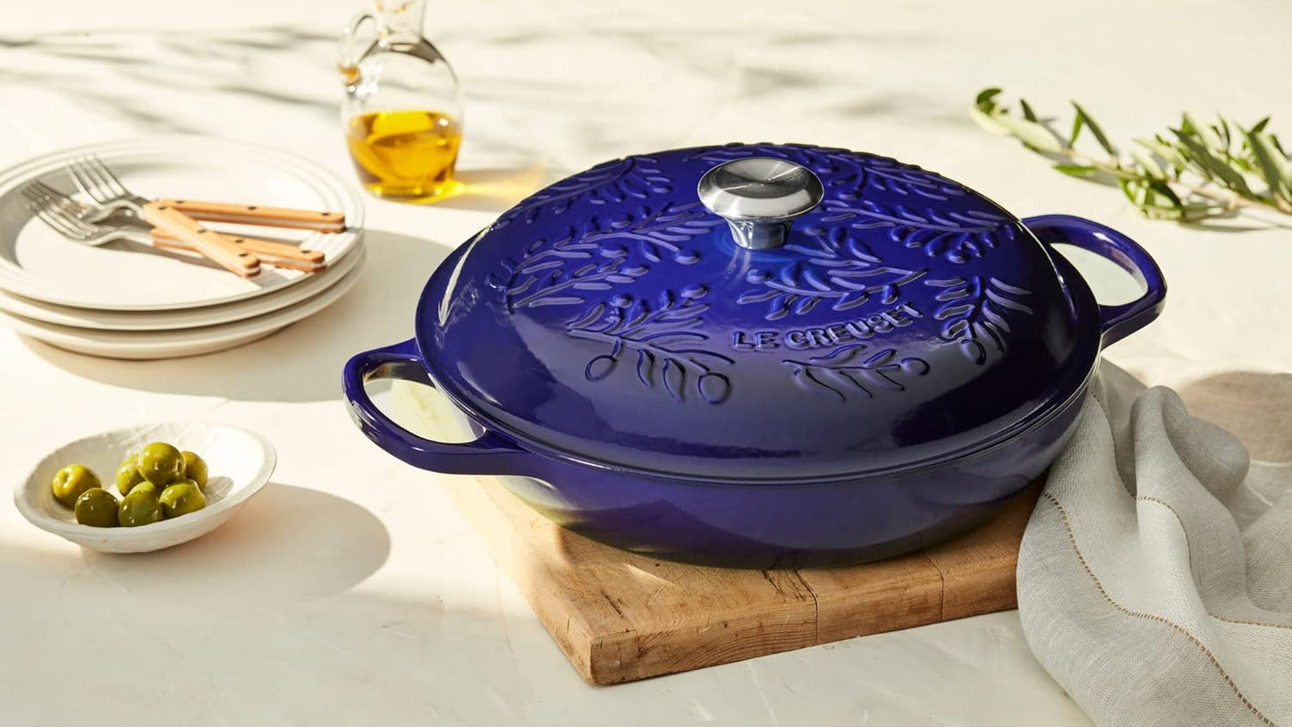 Le Creuset Olive Branch Collection Enameled Cast Iron Signature Braiser, 3.5 qt., Indigo with Embossed Lid