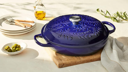 Le Creuset Olive Branch Collection Enameled Cast Iron Signature Braiser, 3.5 qt., Indigo with Embossed Lid